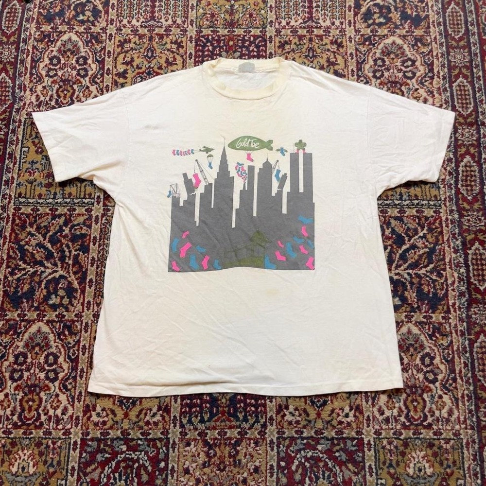 VTG 80s 90s Gold Toe Socks city graphic funny brand‎ promo tshirt XL USA white